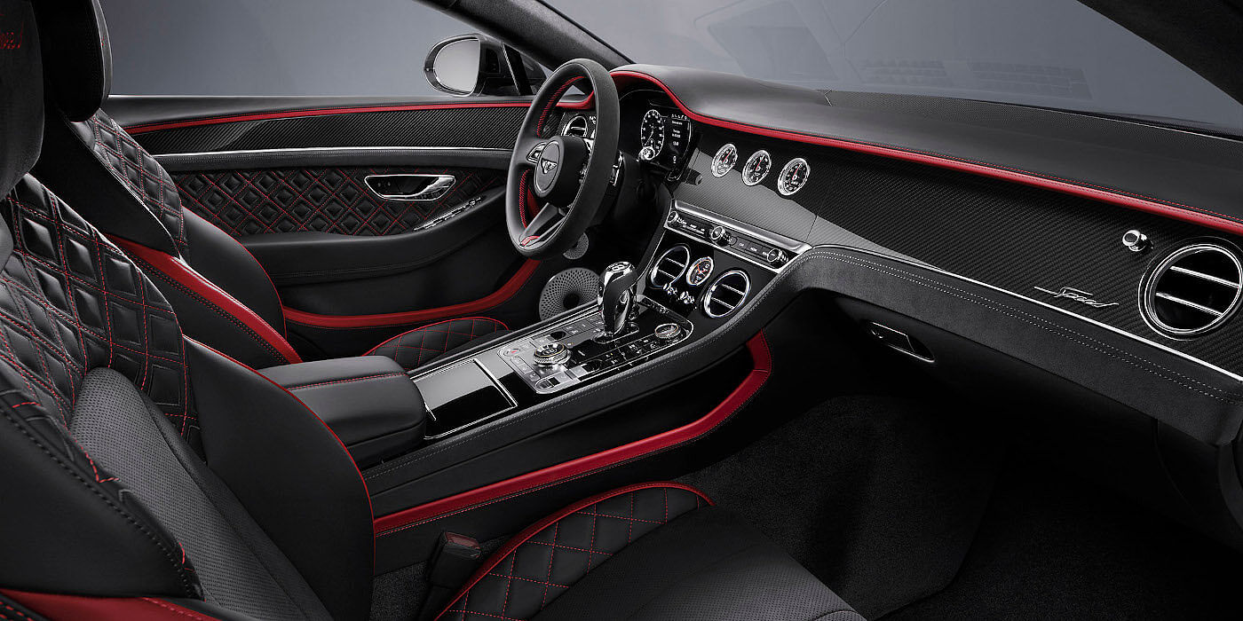Bentley Düsseldorf Bentley Continental GT Speed coupe front interior in Beluga black and Hotspur red hide