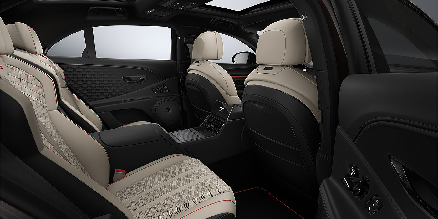 Bentley Düsseldorf New Bentley Flying Spur Mulliner sedan rear interior in Portland and Beluga Black hides with Grand Black veneer