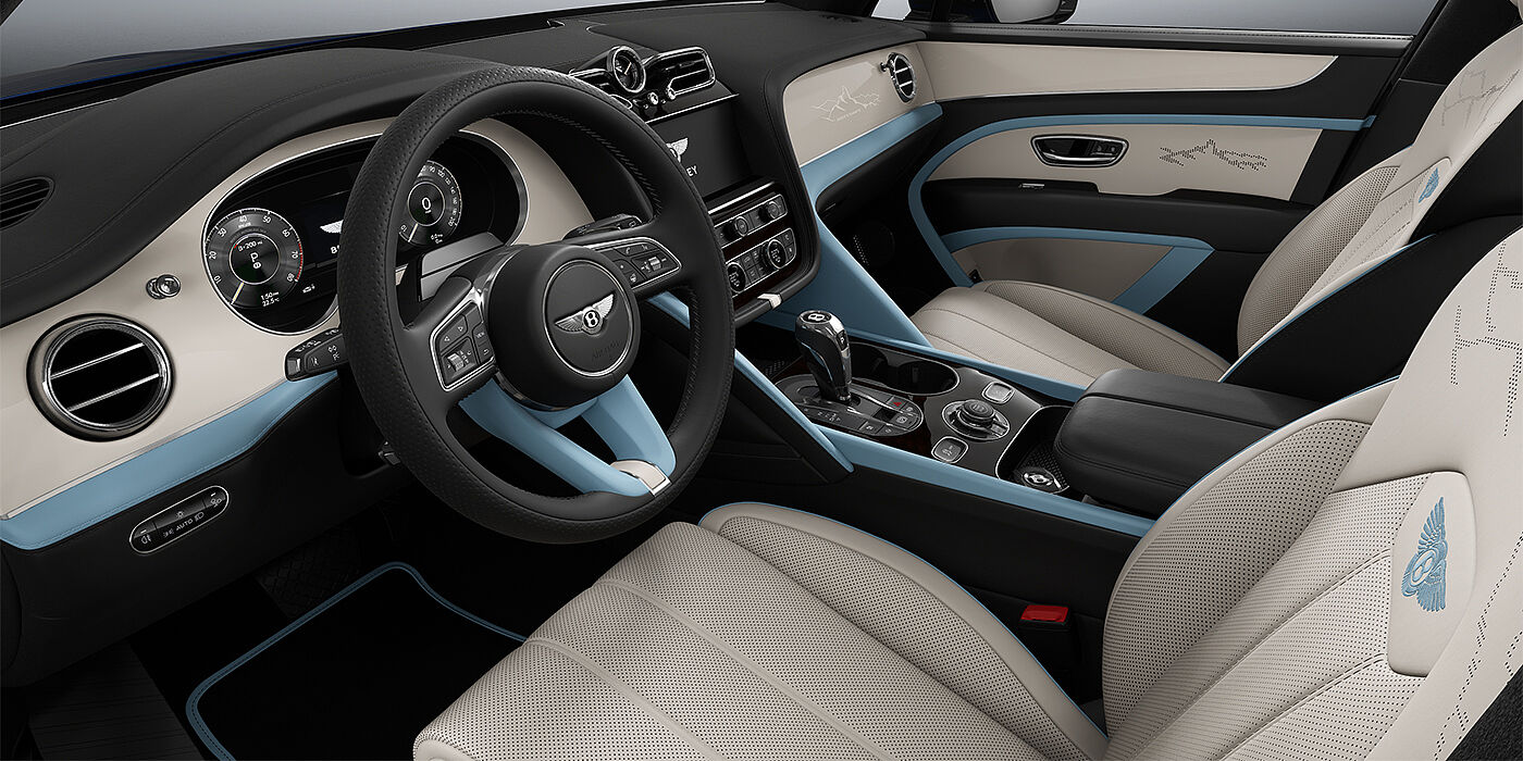 Bentley Düsseldorf Bentley Bentayga Artenara Edition SUV front cabin in Linen and Beluga Black hides with Light Blue accents and Piano Linen veneer