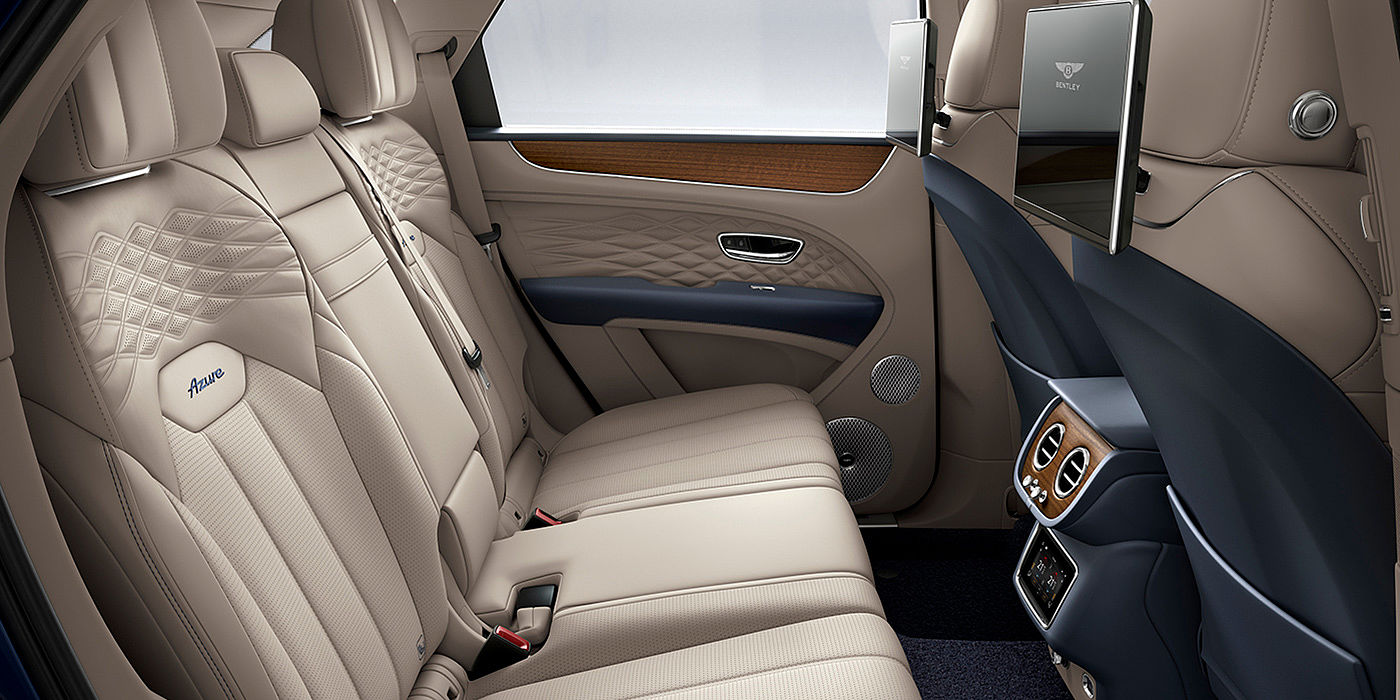 Bentley Düsseldorf Bentey Bentayga Azure interior view for rear passengers with Portland hide and Rear Seat Entertainment. 