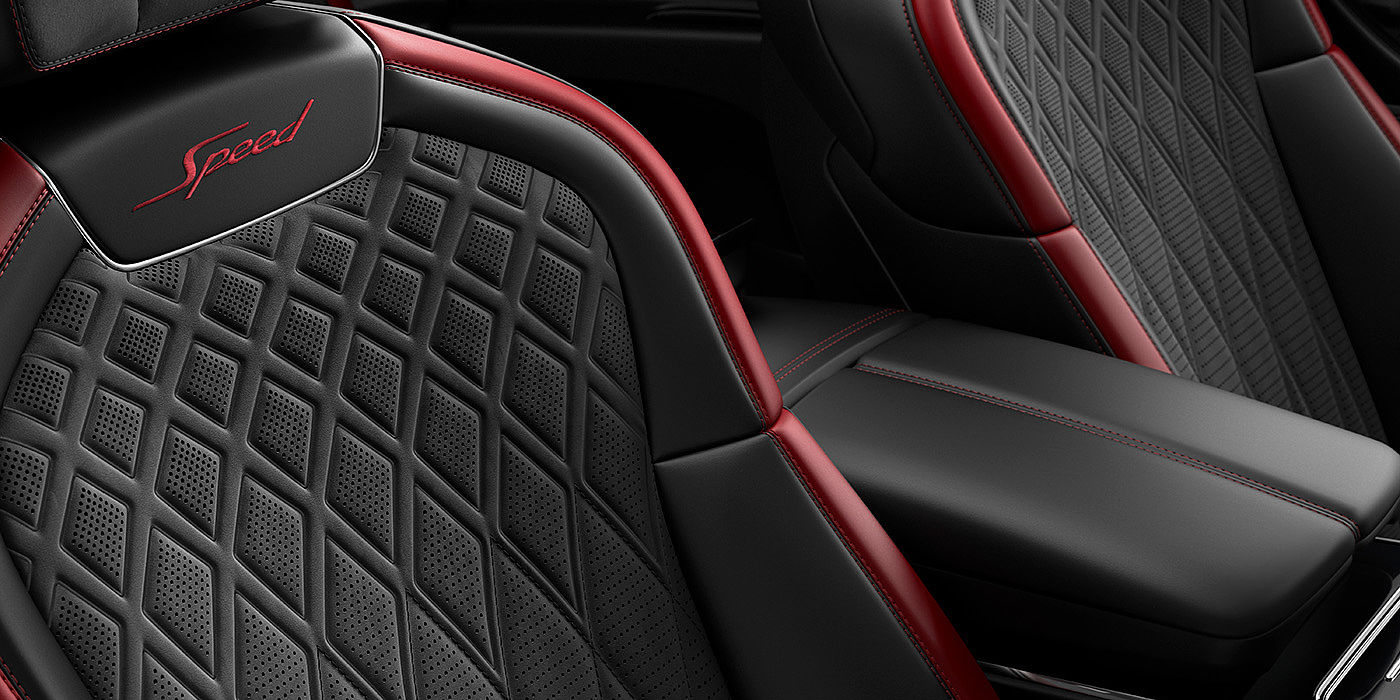 Bentley Düsseldorf Bentley Flying Spur Speed sedan seat stitching detail in Beluga black and Cricket Ball red hide