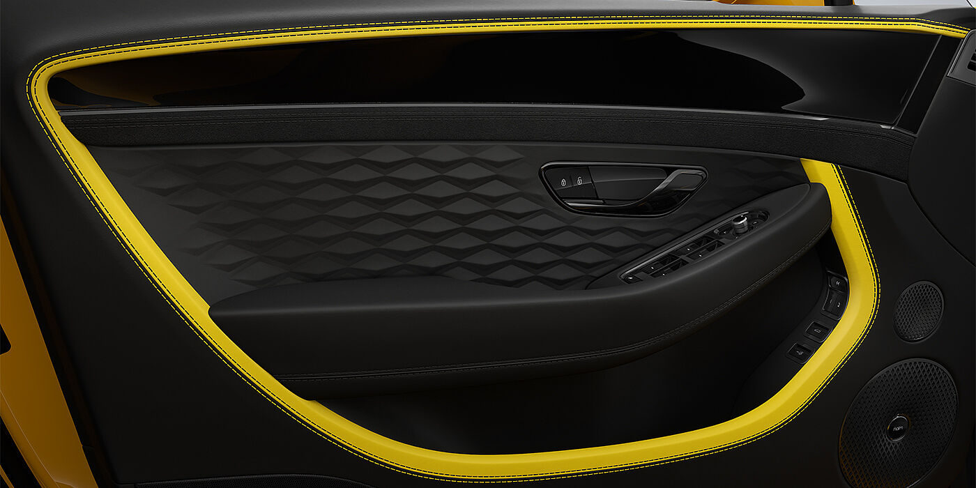 Bentley Düsseldorf Bentley Continental GT Speed coupe door detail in Cyber yellow and Beluga black hides
