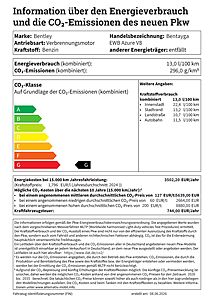 Bentley Bentayga EWB Azure 2026 information über den energieverbrauch und die co2-emissionen des neuen pkw