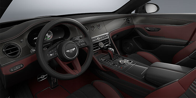 Bentley Düsseldorf New Bentley Flying Spur S sedan front interior in Cricket Ball red  and Beluga Black hides with Diamond Brushed Dark Tint Aluminium veneer