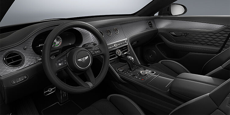 Bentley Düsseldorf New Bentley Flying Spur Speed sedan front interior in Gravity Grey  and Beluga Black hides with Diamond Brushed Dark Tint Aluminium veneer