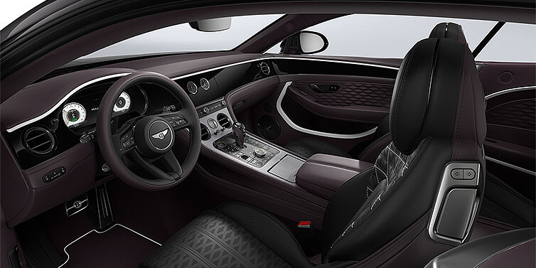 Bentley Düsseldorf Bentley Continental GT Mulliner coupe front interior in Beluga black and Damson hides with white accent hide