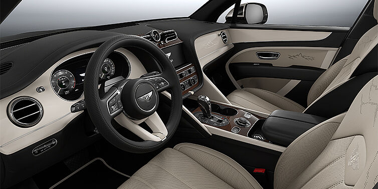 Bentley Düsseldorf Bentayga EWB Artenara Edition SUV front interior in Portand and Beluga Black hides with Piano Linen veneer