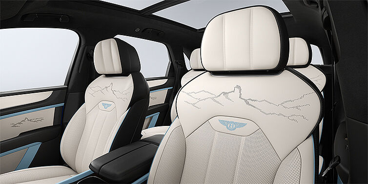 Bentley Düsseldorf Bentley Bentayga Artenara Edition SUV front seats in Linen and Beluga Black hides with Light Blue accents and Artenara stitch detail