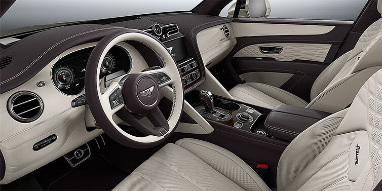 Bentley Düsseldorf Bentley Bentayga Azure SUV front interior in Linen and Damson hides with Piano Linen veneer