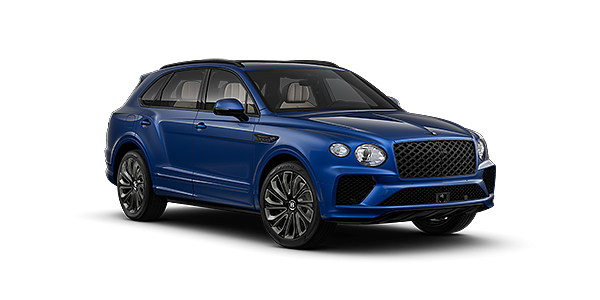 Bentley Düsseldorf  Bentayga Artenara Edition SUV in Sequin Blue paint with 22" Mulliner Gloss black wheel front 3/4