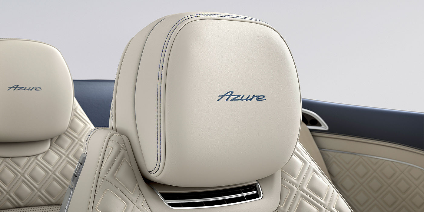 Bentley Düsseldorf Bentley Continental GTC Azure convertible seat detail in Linen hide with Azure emblem