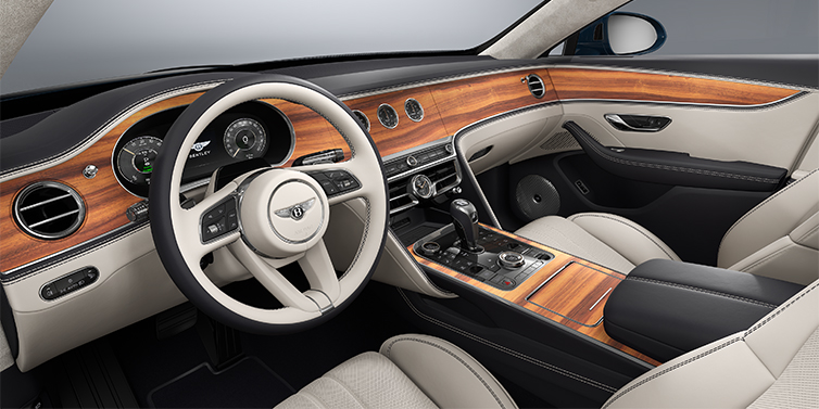 Bentley Düsseldorf New Bentley Flying Spur sedan front interior in Linen and Imperial Blue hides with Open PoreKoa veneer