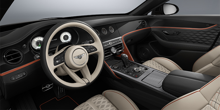 Bentley Düsseldorf New Bentley Flying Spur Mulliner sedan front interior in Portland and Beluga Black hides with Grand Black veneer
