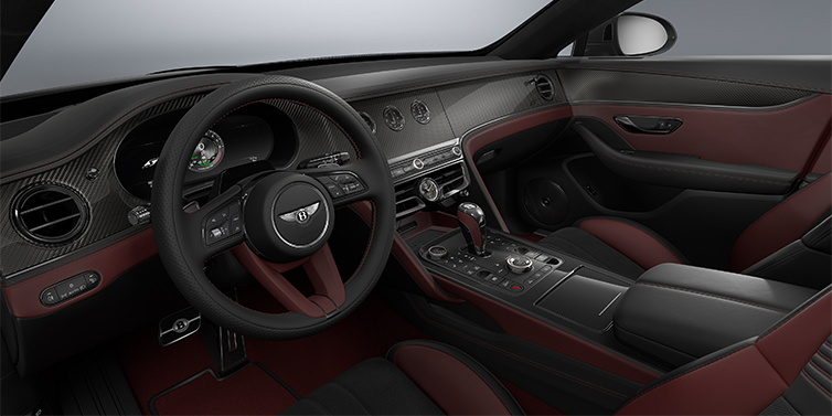 Bentley Düsseldorf New Bentley Flying Spur S sedan front interior in Cricket Ball red  and Beluga Black hides with Diamond Brushed Dark Tint Aluminium veneer