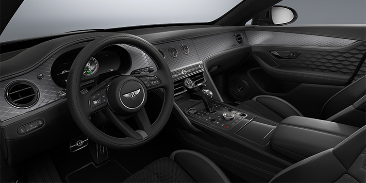 Bentley Düsseldorf New Bentley Flying Spur Speed sedan front interior in Gravity Grey  and Beluga Black hides with Diamond Brushed Dark Tint Aluminium veneer