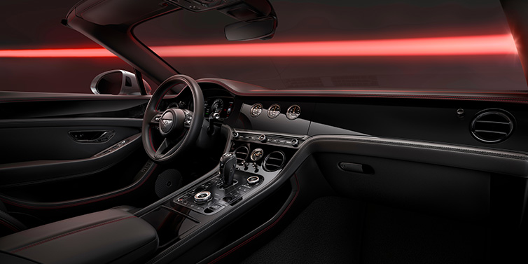 Bentley Düsseldorf Bentley Continental GTC Black Edition convertible front interior with Beluga black hide and High Gloss Carbon Fibre veneer