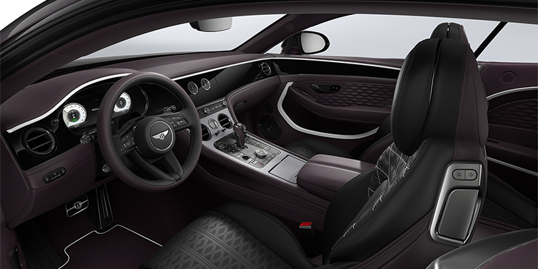 Bentley Düsseldorf Bentley Continental GT Mulliner coupe front interior in Beluga black and Damson hides with white accent hide