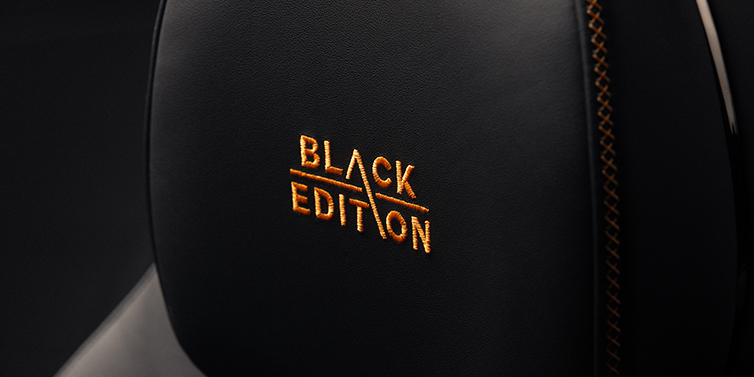 Bentley Düsseldorf Bentley Continental GT coupe seat headrest Black Edition stitched emblem in Mandarin colour against Beluga black hide