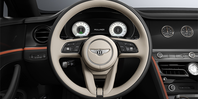 Bentley Düsseldorf New Bentley Flying Spur Mulliner sedan steering wheel and dash in Portland and Beluga Black hides and Grand Black veneer