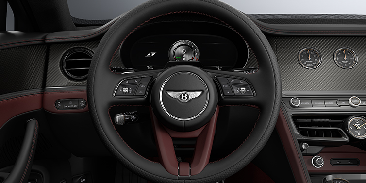 Bentley Düsseldorf New Bentley Flying Spur S sedan steering wheel and dash in Cricket Ball red and Beluga black hides and High Gloss Carbon Fibre veneer