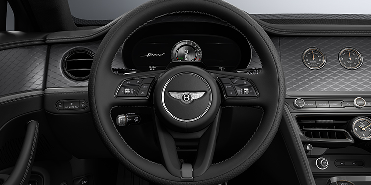 Bentley Düsseldorf New Bentley Flying Spur Speed sedan steering wheel and dash in Gravity Grey and Beluga black hides and Diamond Brushed Dark Tint Aluminium veneer