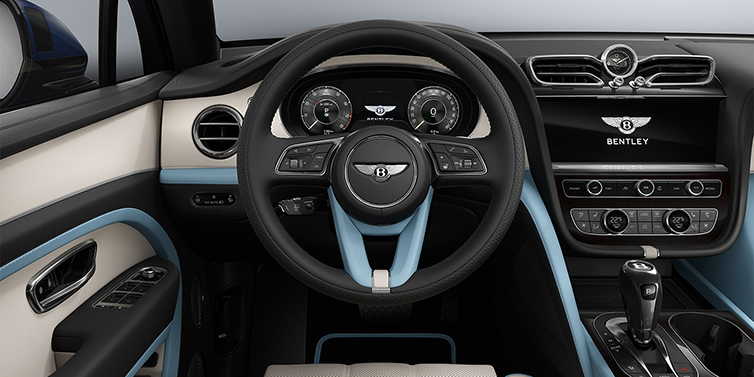 Bentley Düsseldorf Bentley Bentayga Artenara Edition SUV steering wheel view in Linen and Beluga Black hides with Light Blue accents and Piano Linen veneer
