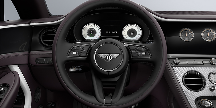 Bentley Düsseldorf Bentley Continental GT Mulliner coupe steering wheel in Beluga black and Damson hides with white accent hide