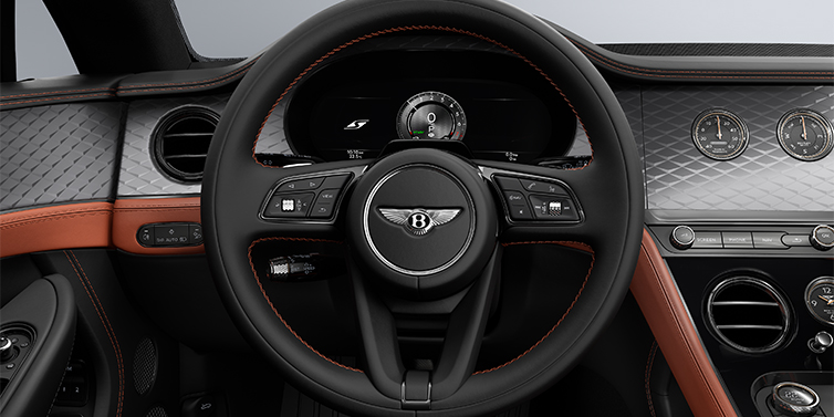 Bentley Düsseldorf Bentley Continental GT Coup&eacute; Lenkrad und Armaturenbrett in Newmarket Tan und Beluga Black Leder mit Diamond Brushed Dark Tint Aluminium Furnier