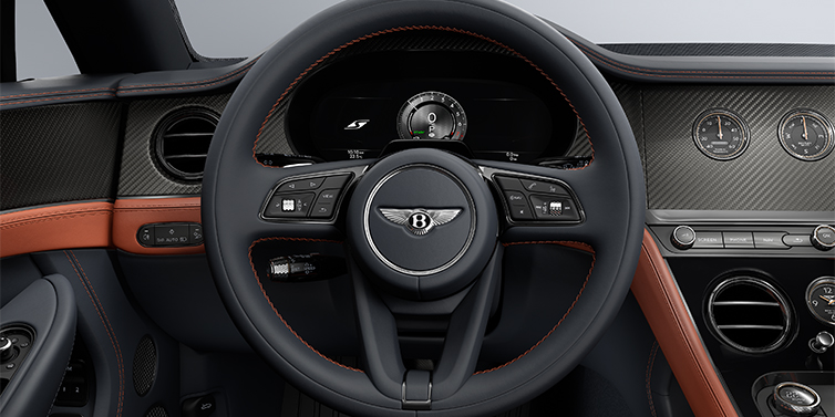 Bentley Düsseldorf Bentley Continental GTC S convertible steering wheel and dash in Newmarket Tan and Beluga Black hides with Carbon Fibre veneer